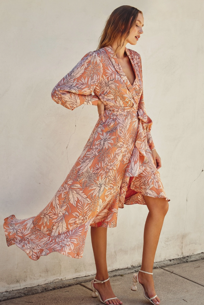 •PEACH FIJI BOTANICAL• silky wrap style midi dress