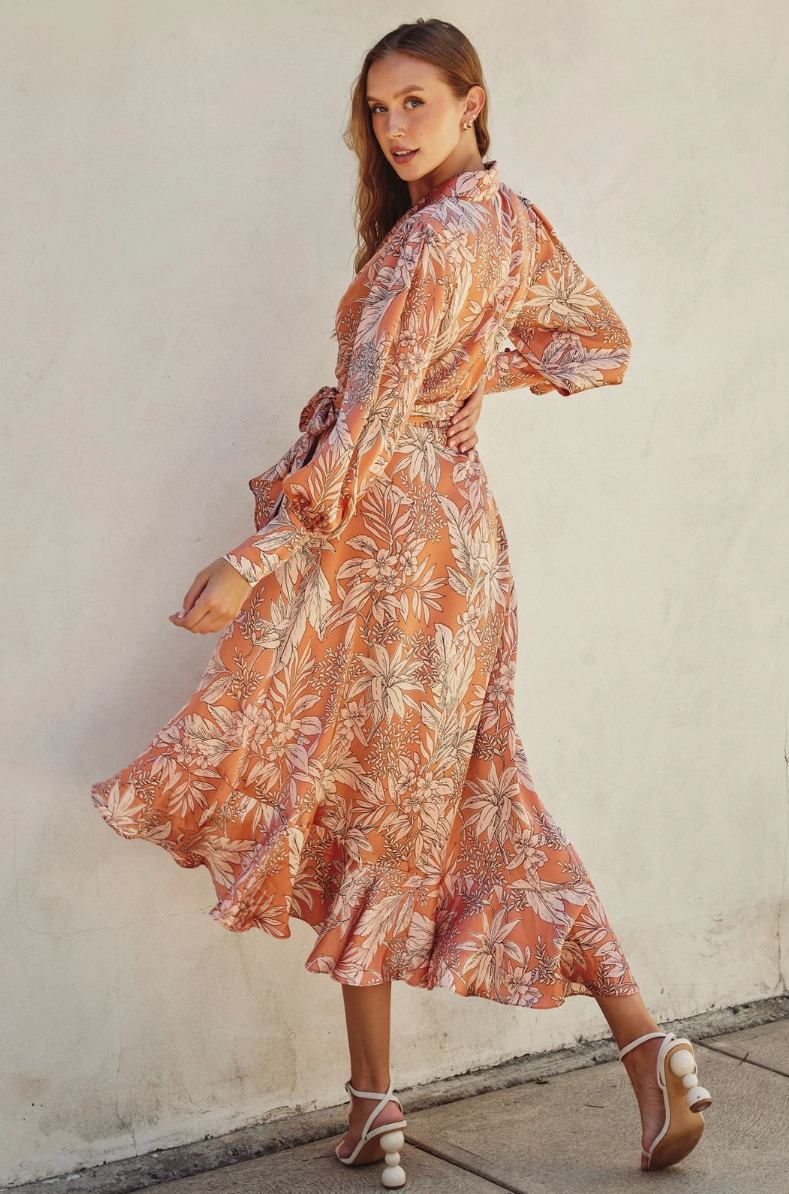 •PEACH FIJI BOTANICAL• silky wrap style midi dress