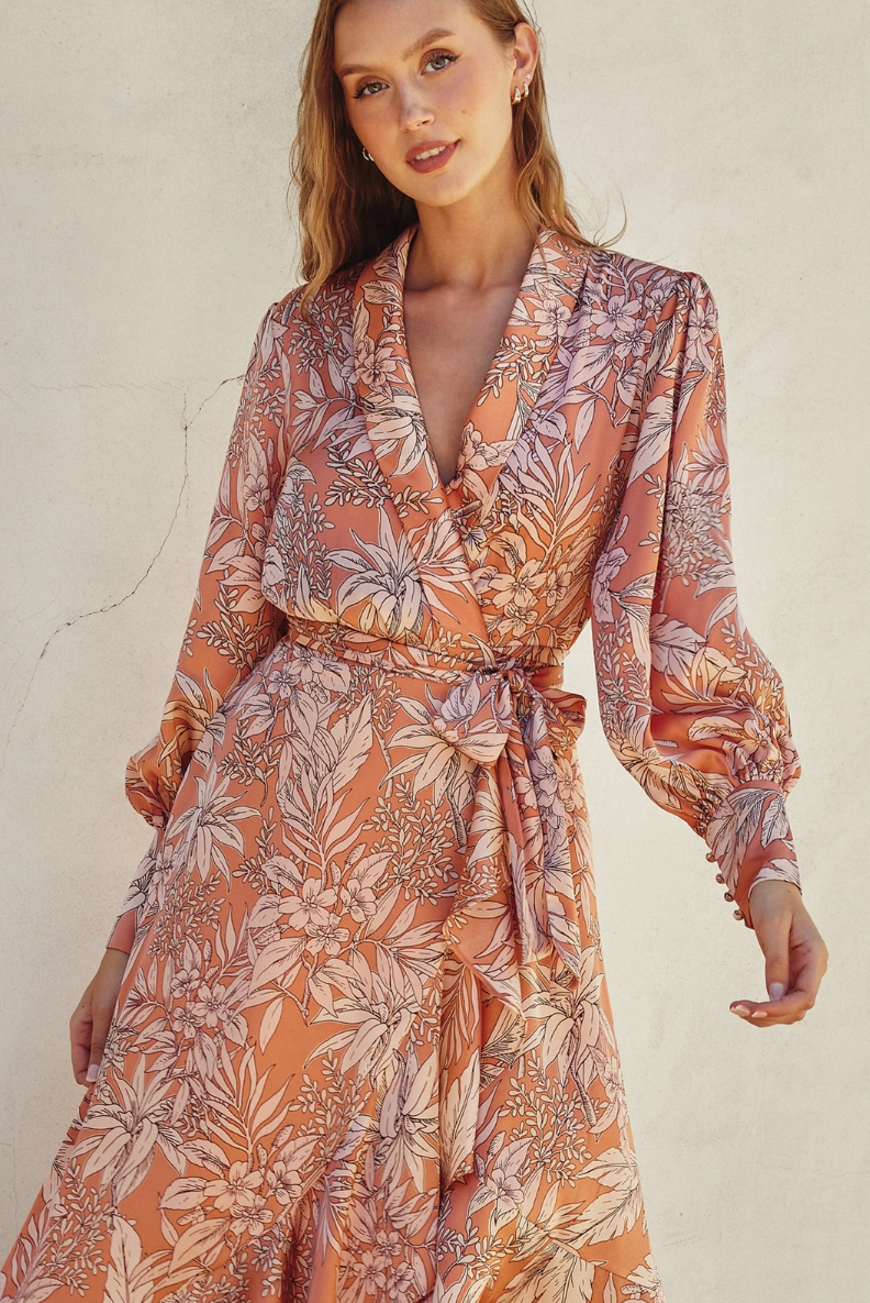 •PEACH FIJI BOTANICAL• silky wrap style midi dress