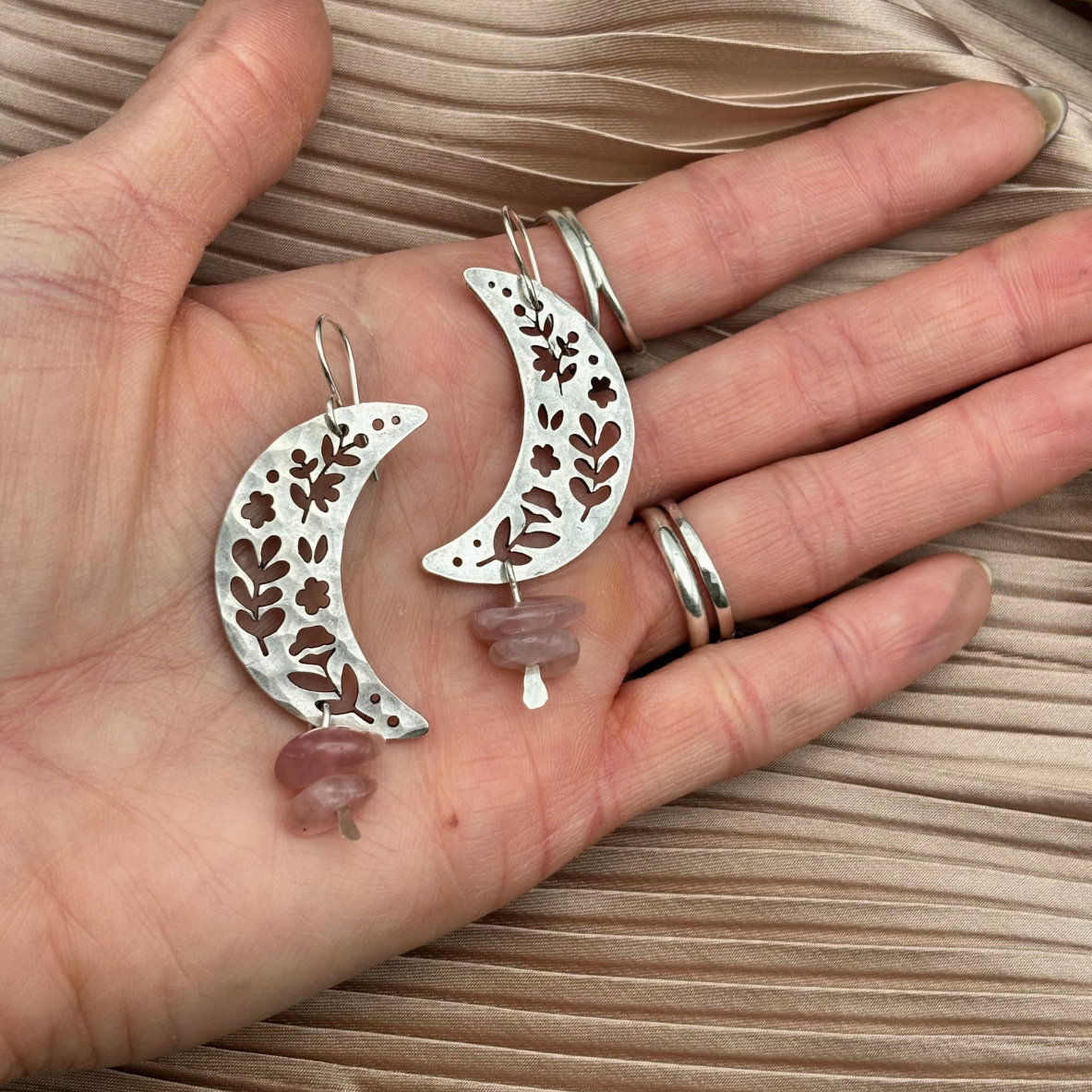 •MOON GARDEN• rose quartz + silver dangle earrings