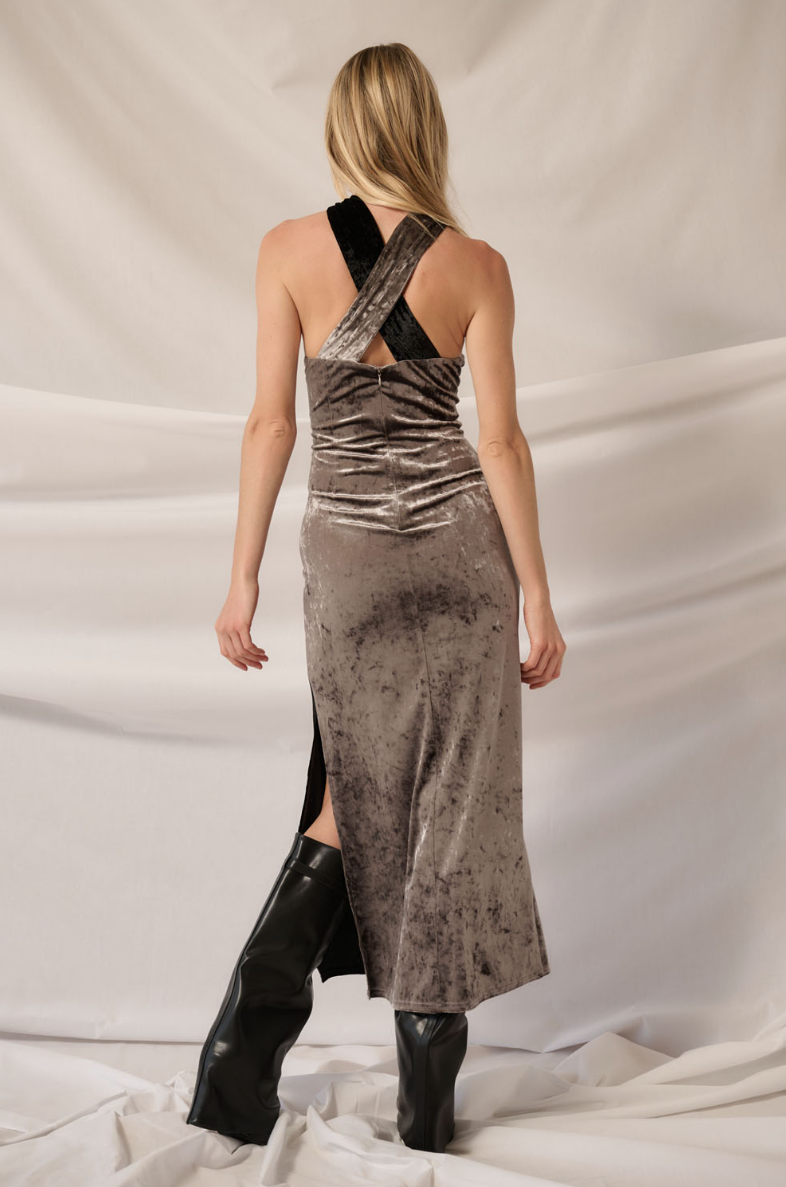 •GUNMETAL COLORBLOCK• crushed velvet halter neck dress