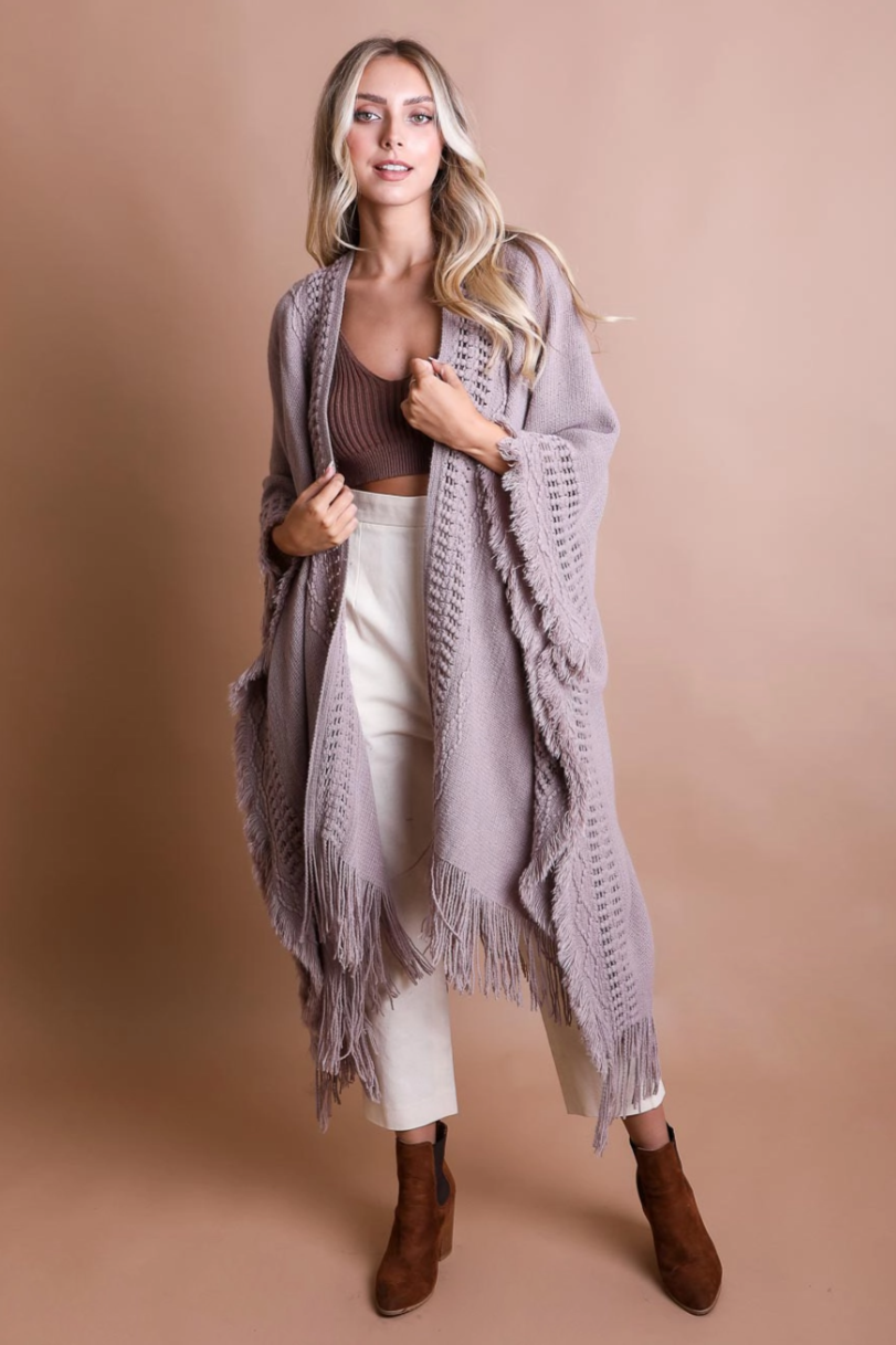 •GREY CROCHET FRINGE• ruana style cardigan