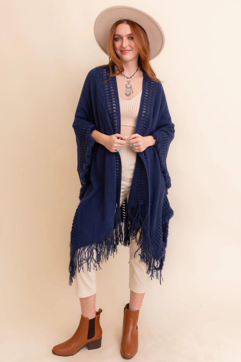 •NAVY CROCHET FRINGE• ruana style cardigan