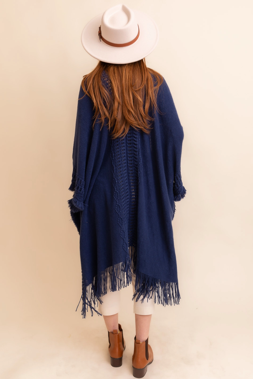 •NAVY CROCHET FRINGE• ruana style cardigan