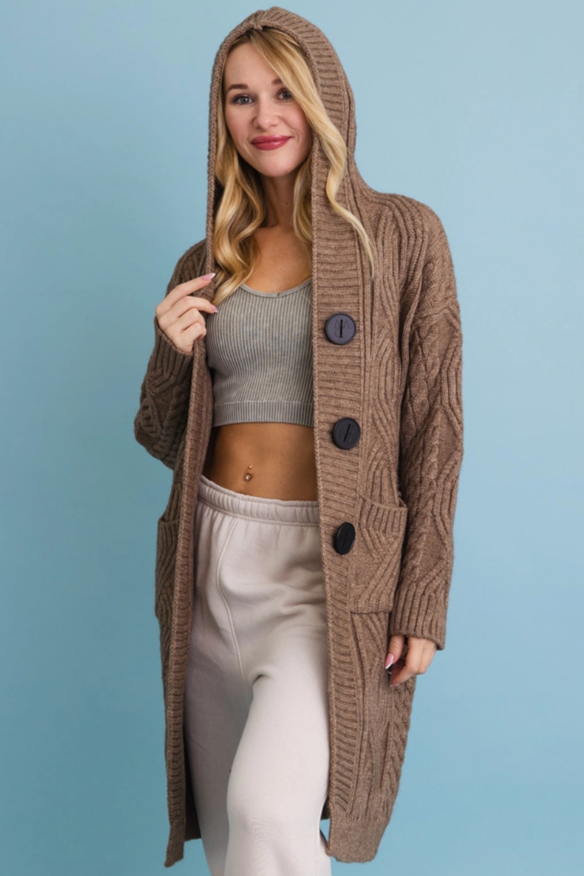 •MOCHA CABLE KNIT• button up hooded cardigan