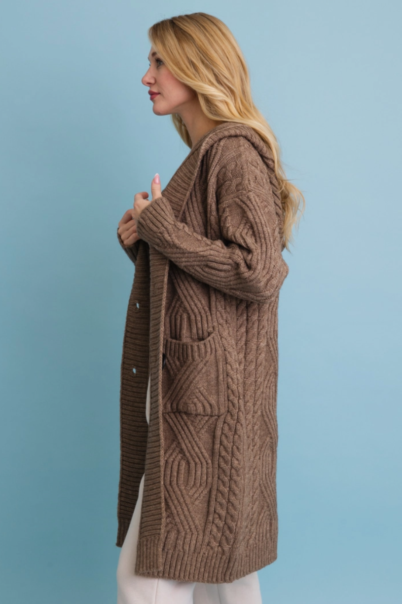 •MOCHA CABLE KNIT• button up hooded cardigan