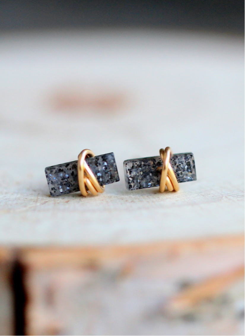 •BAGUETTE• black aventurine + gold stud earrings