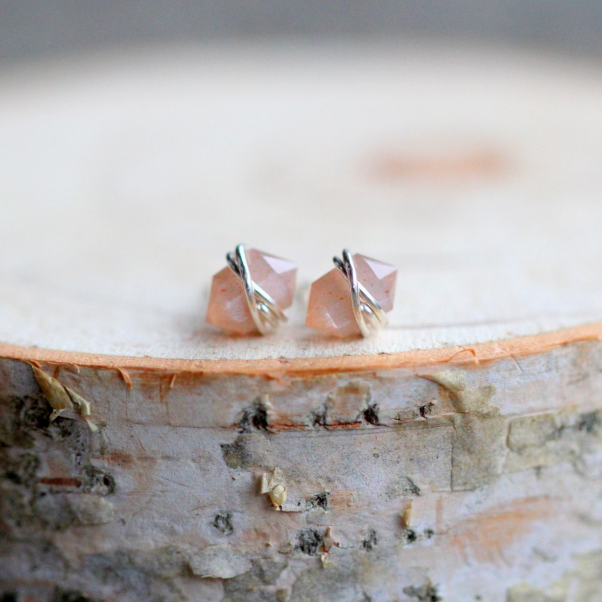 •PIKE• peach moonstone + silver stud earrings