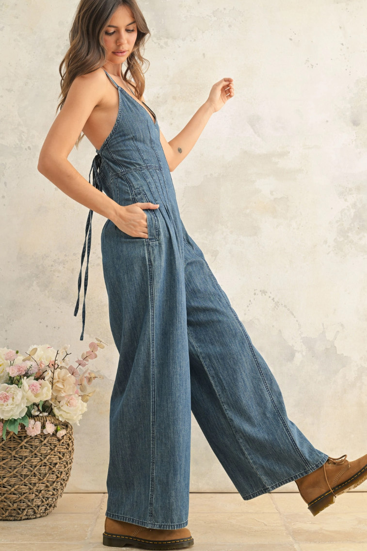 •JO• pleated cotton chambray jumpsuit
