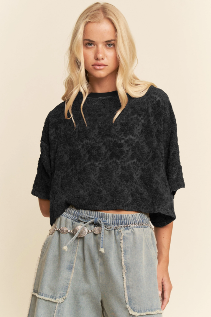 •ENID• boxy floral lace mesh top