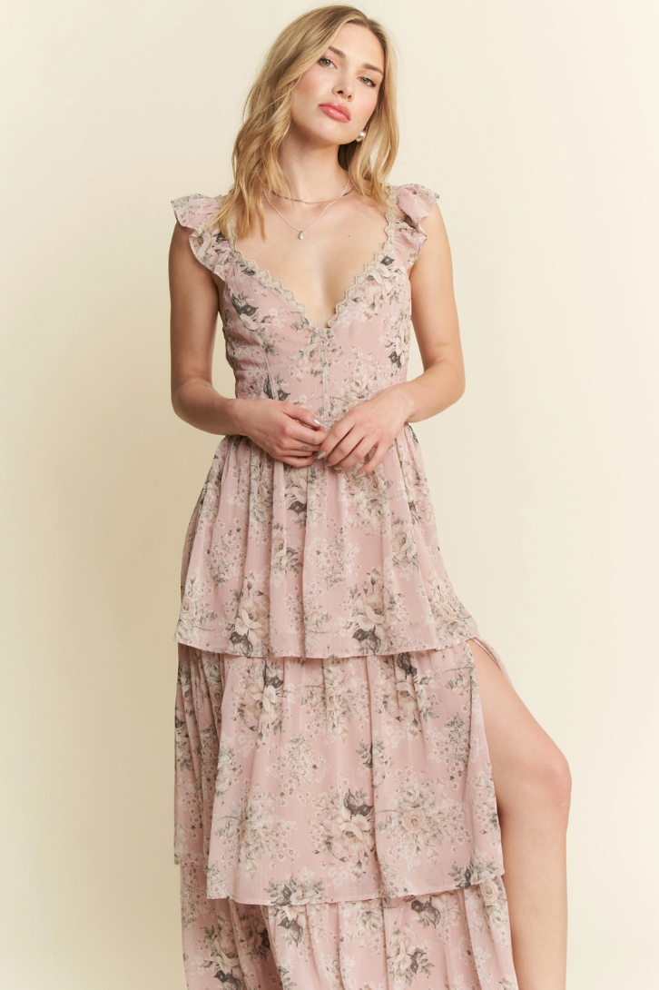 •FAE - ROSE QUARTZ• ruffle sleeve tiered maxi dress
