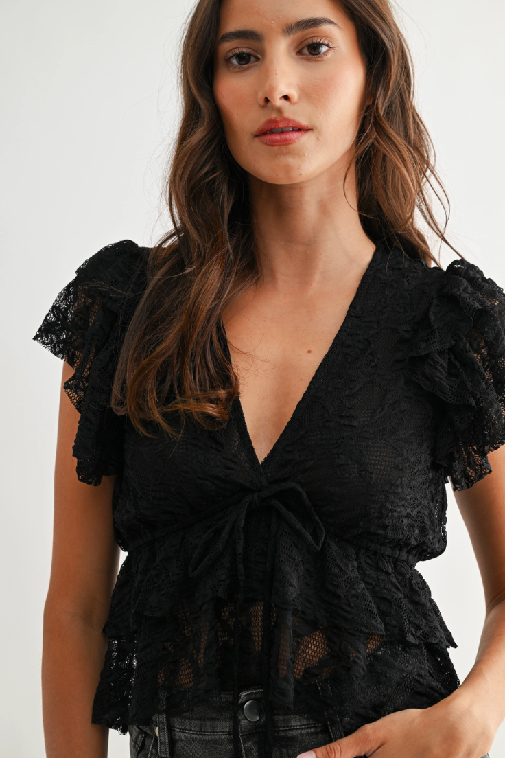 •CHLOE• semi sheer lace flutter sleeve top