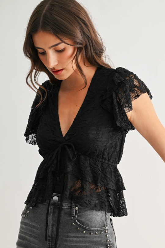 •CHLOE• semi sheer lace flutter sleeve top
