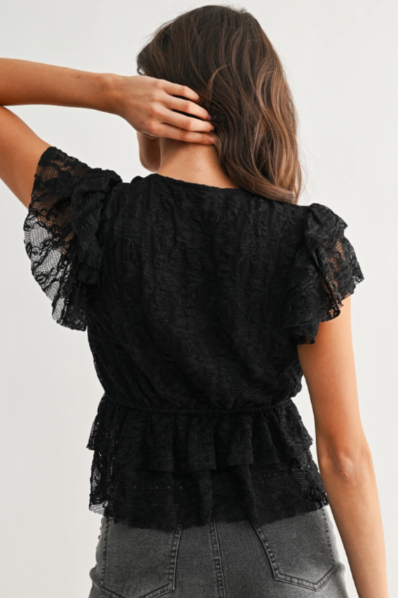 •CHLOE• semi sheer lace flutter sleeve top