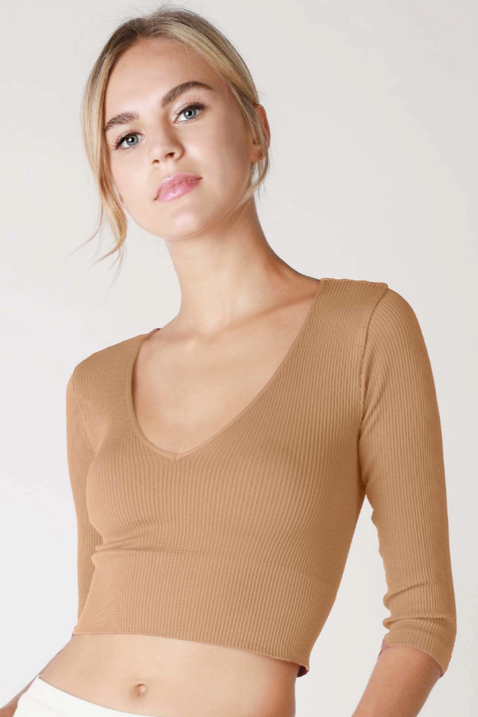 •DEEP-V 3/4 SLEEVE• cropped top (USA)