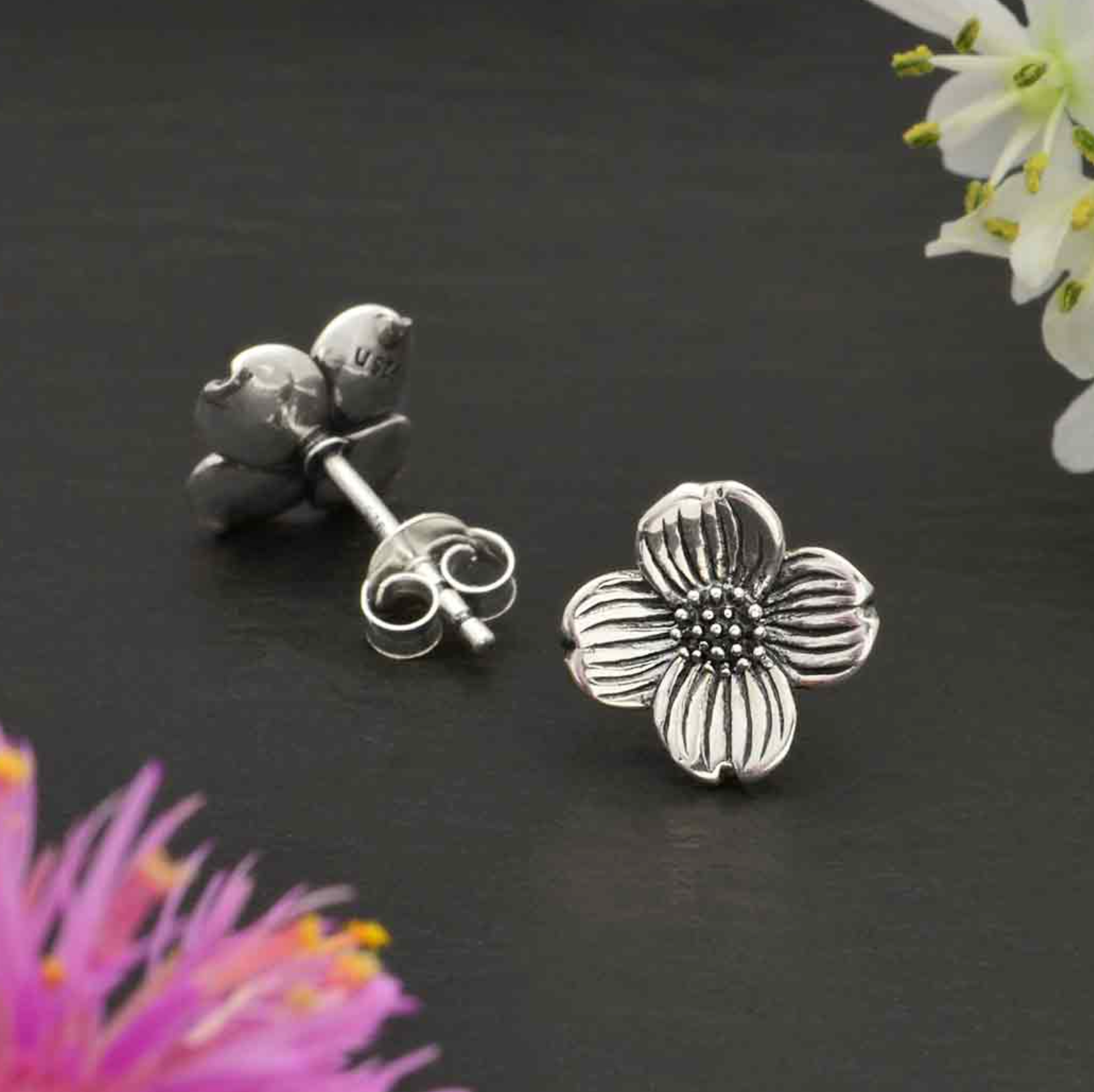 •DETAILED DOGWOOD• recycled silver stud earrings