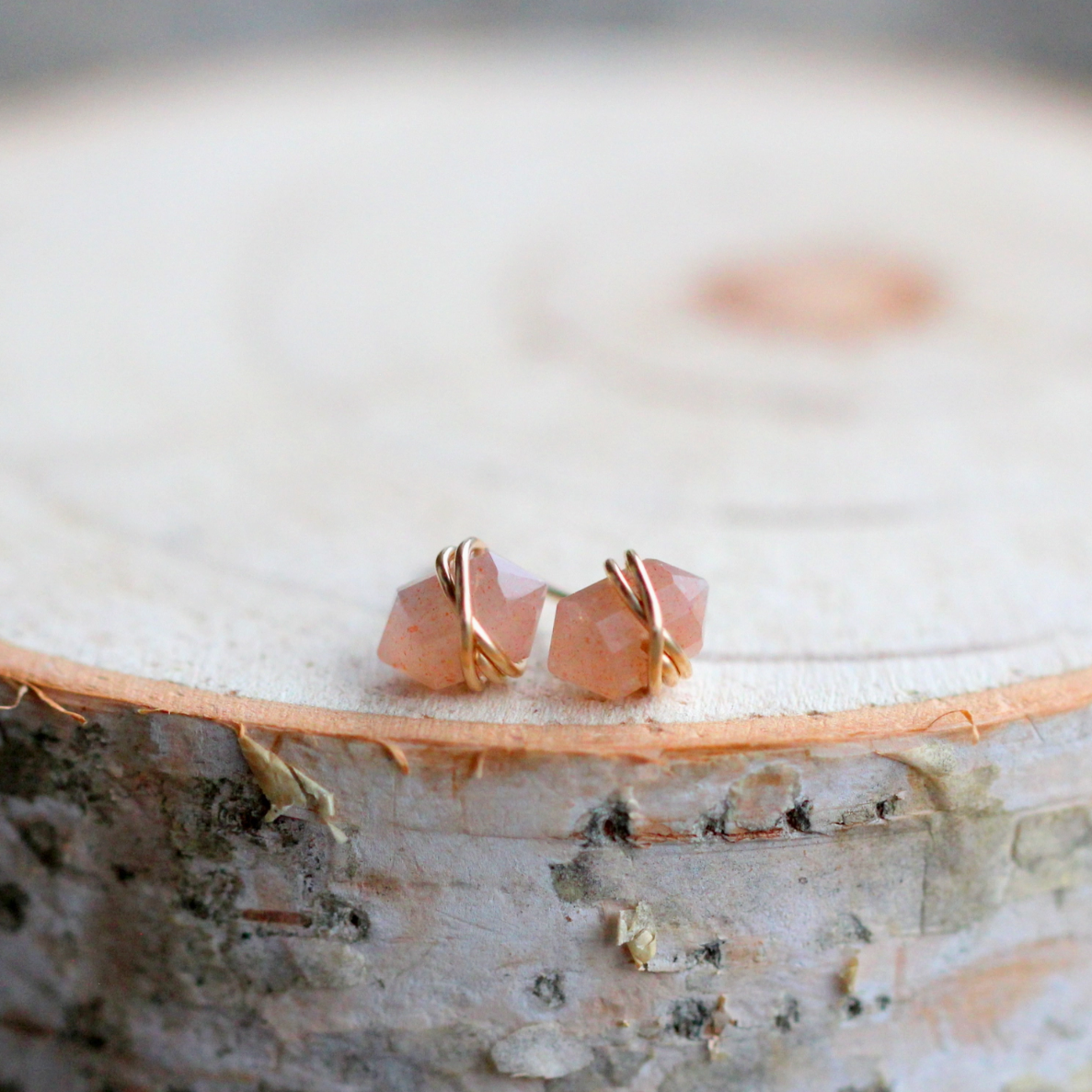 •PIKE• peach moonstone + gold stud earrings