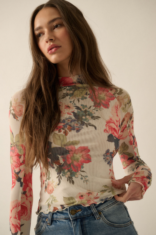 Women's Floral Cream Semi Sheer Top with Inner