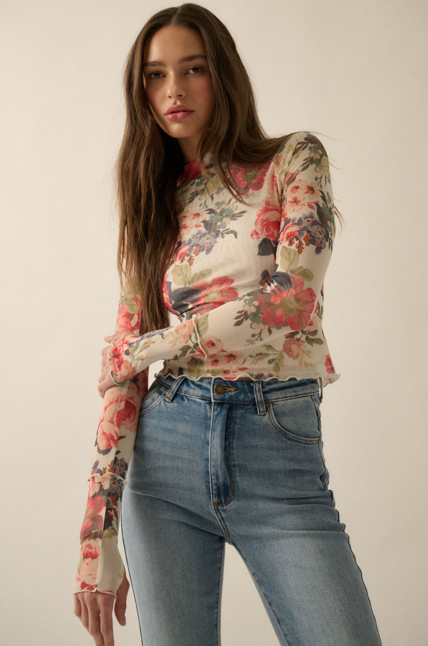 •CLAIRE• semi-sheer mesh floral top