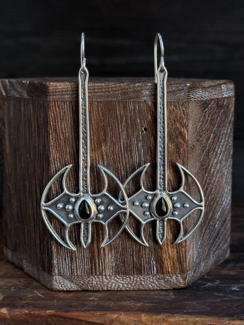 •BATTLE AXE• onyx + silver dangle earrings