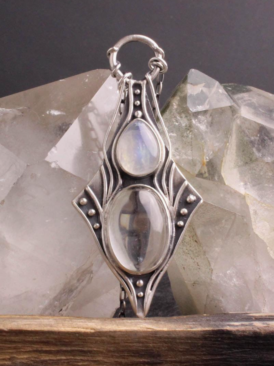 •NIMUE• rainbow moonstone + quartz silver necklace (20" long)