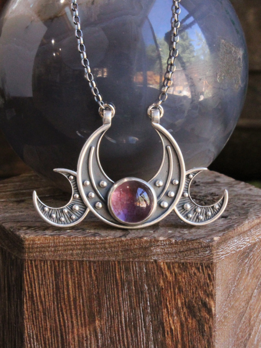 •TRIPLE MOON GODDESS• amethyst + silver necklace (18" long)