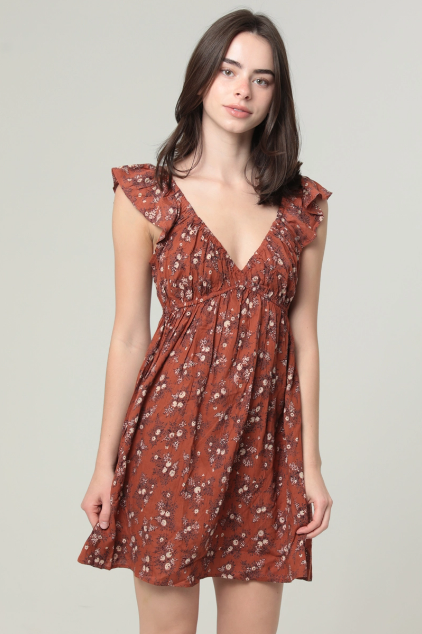 •RUST DITSY• flutter sleeve mini dress