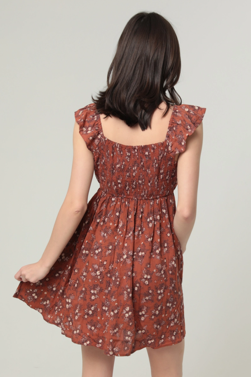 •RUST DITSY• flutter sleeve mini dress