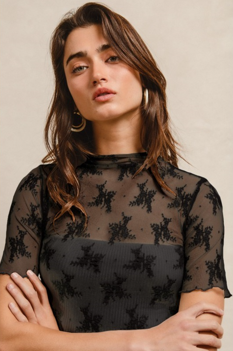 •RAYANNE• short sleeve high neck mesh lace top