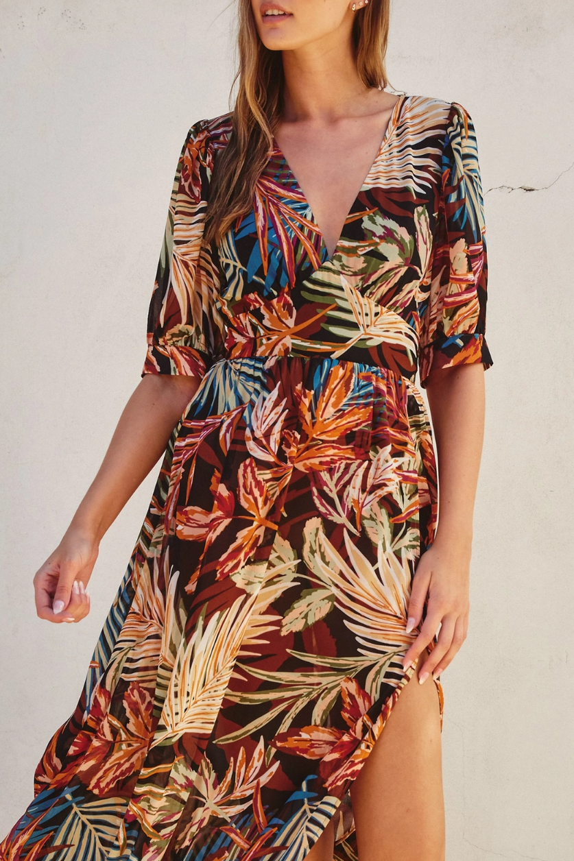 •SUNSET PALMS• surplice slit midi dress