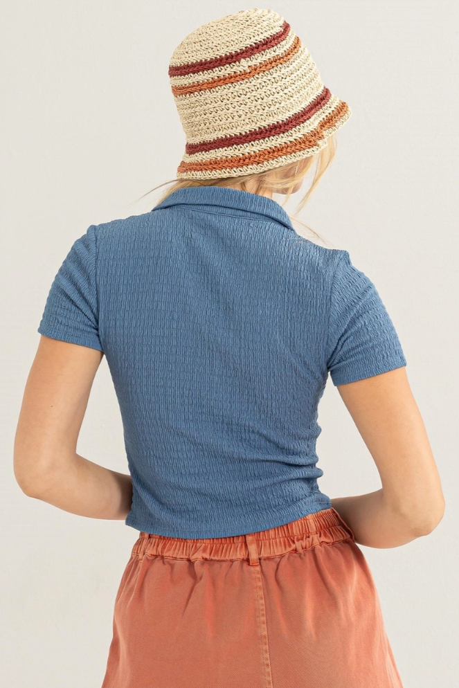 •PERRY• collared crinkle knit top