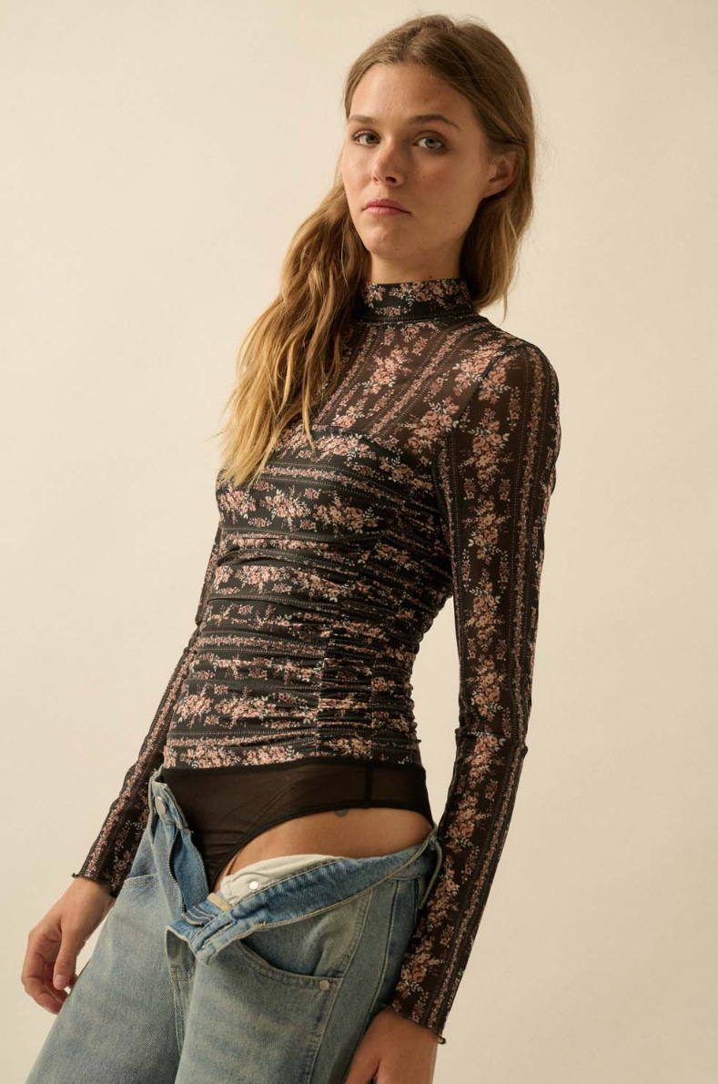 •LEONA• mesh mock neck bodysuit