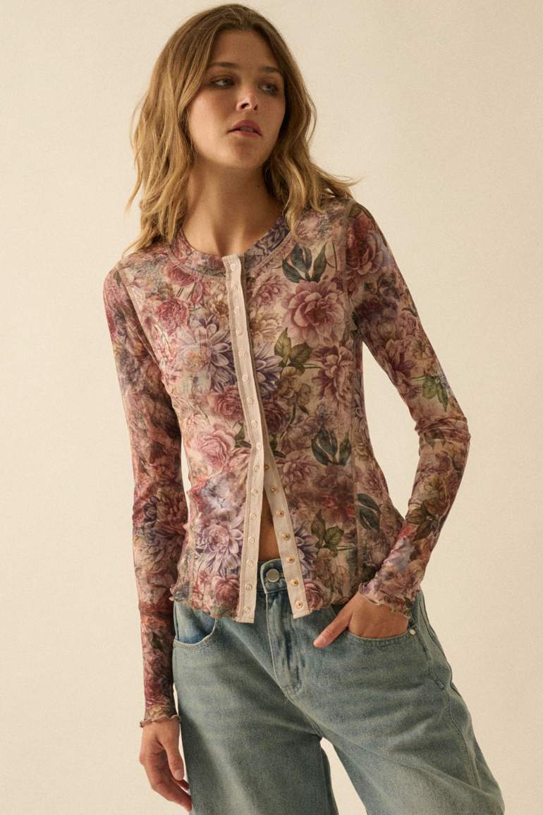 •PHOEBE• floral mesh snap front top