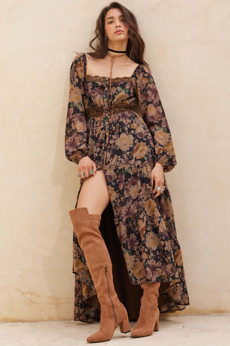 •ADELINE• long sleeve button front midaxi dress