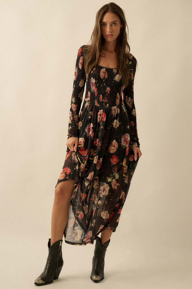 •CORALINE• smocked bodice semi-sheer midaxi dress