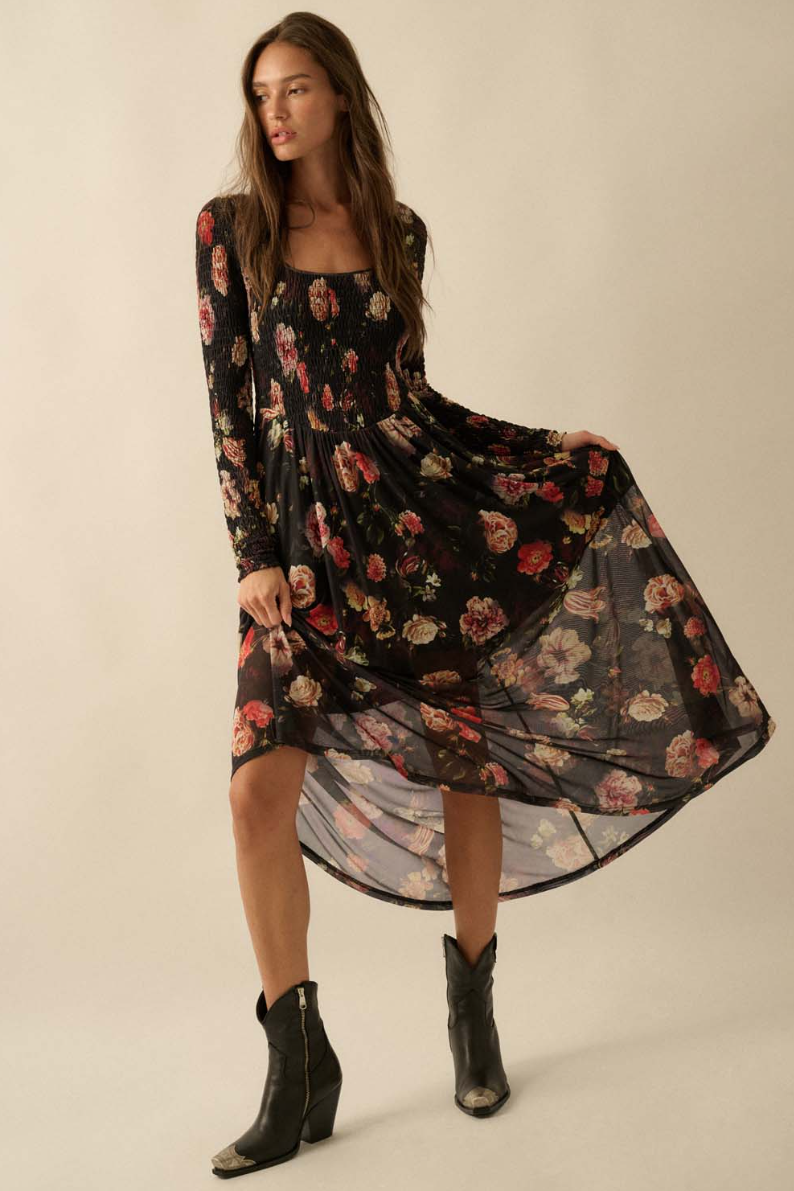 •CORALINE• smocked bodice semi-sheer midaxi dress