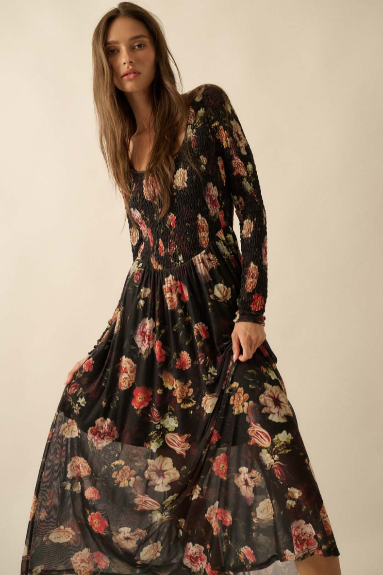 •CORALINE• smocked bodice semi-sheer midaxi dress