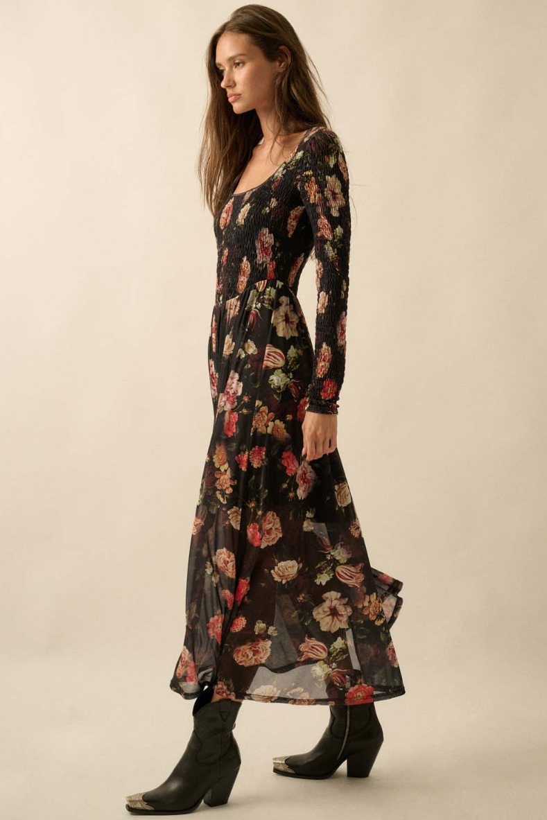 •CORALINE• smocked bodice semi-sheer midaxi dress