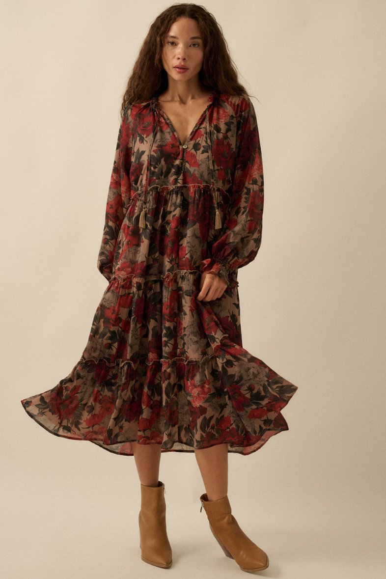 •ROSALIE △• long sleeve tiered midi dress