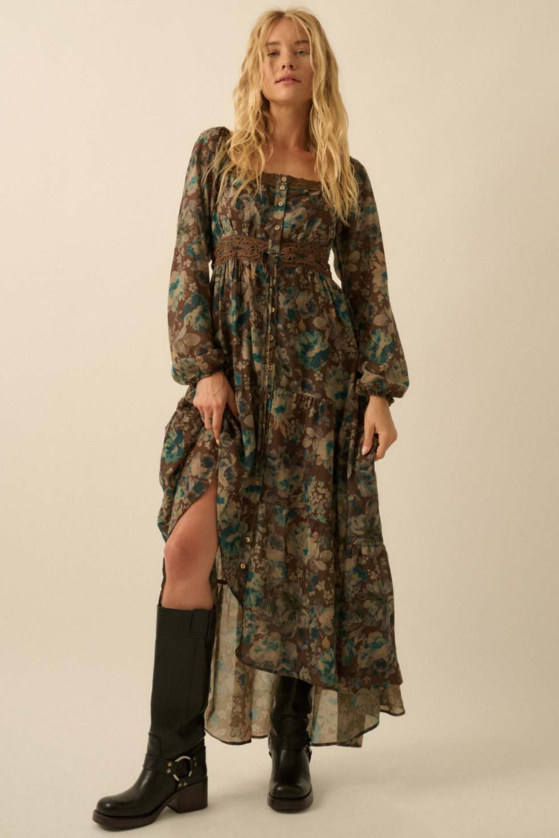 •ADELINE 🜄• long sleeve button front midaxi dress