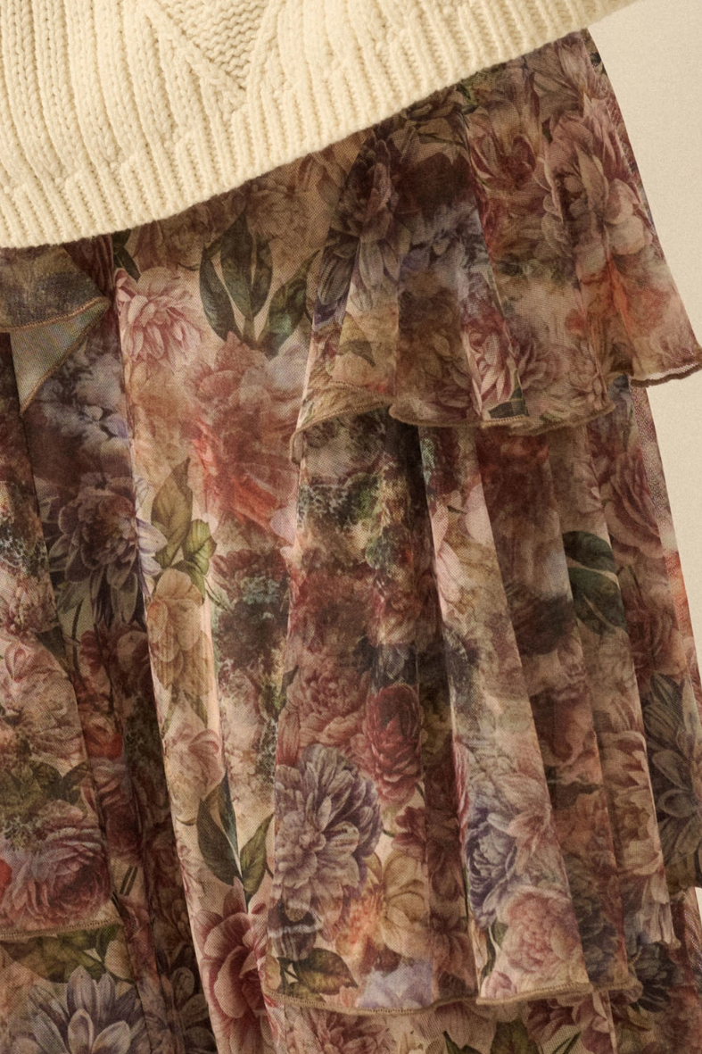•CASSANDRA• floral mesh tiered maxi skirt