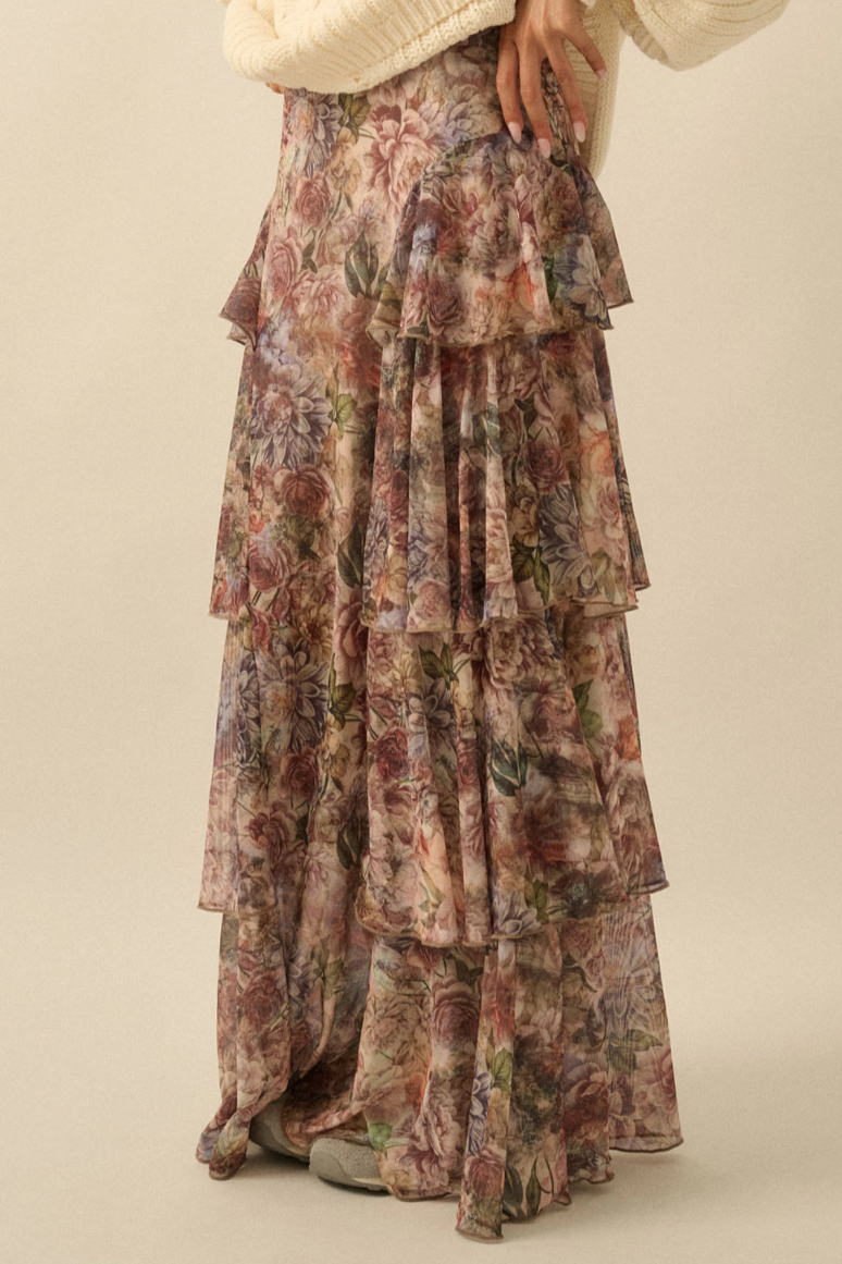 •CASSANDRA• floral mesh tiered maxi skirt
