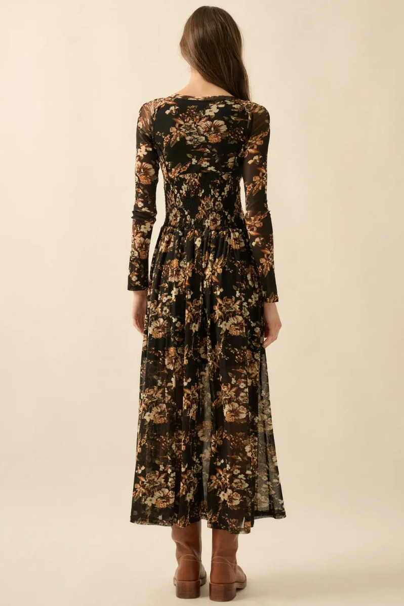 •CHARLOTTE• floral mesh smocked midi dress
