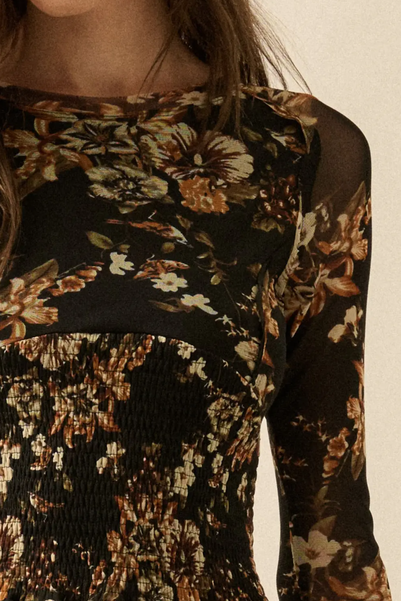 •CHARLOTTE• floral mesh smocked midi dress