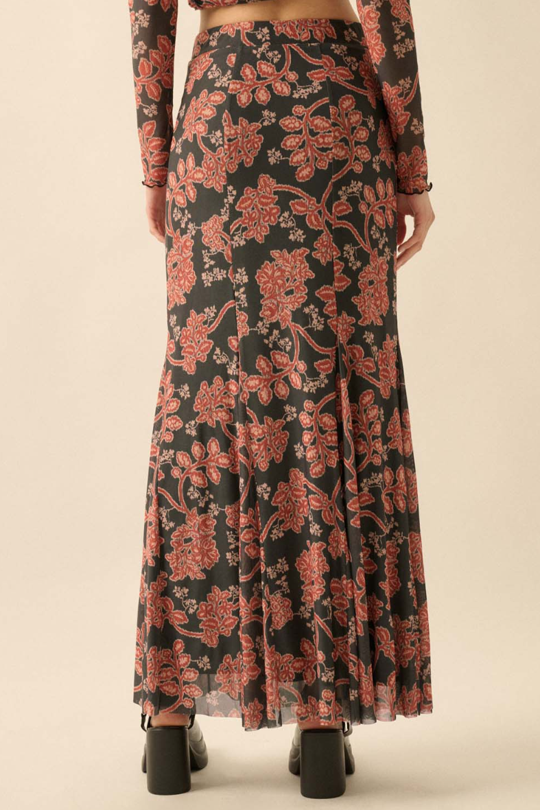 •MEI• floral mesh maxi skirt
