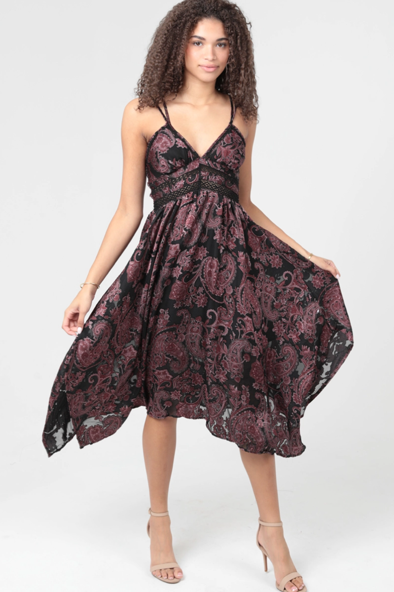 •PAISLEY• satin burnout witchy midi dress