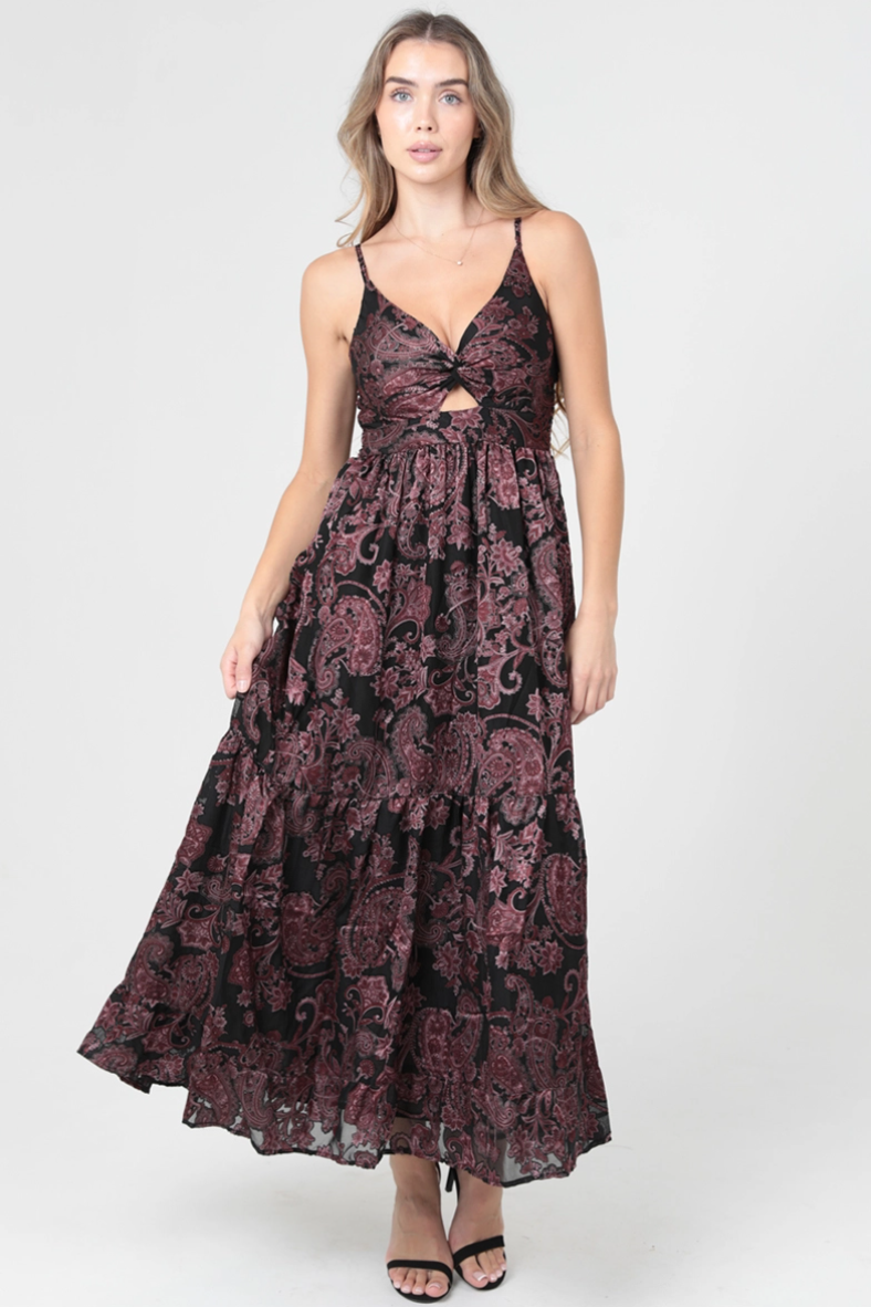 •PAISLEY• satin burnout twist front midaxi dress