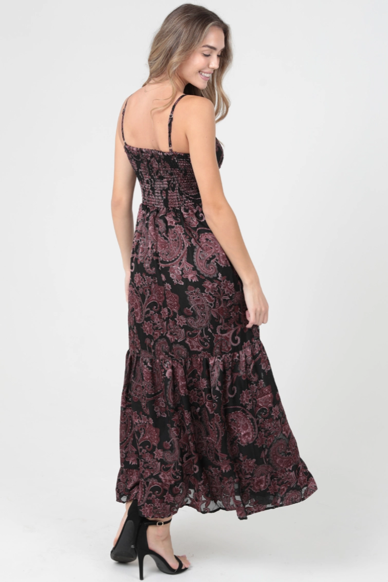 •PAISLEY• satin burnout twist front midaxi dress