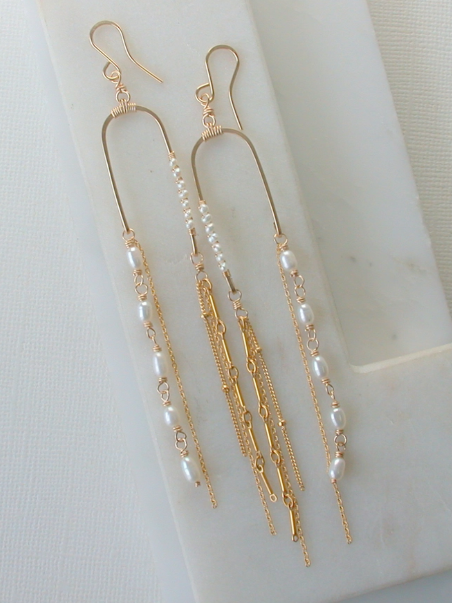 •BALANCING ACT• pearl + gold dangle earrings