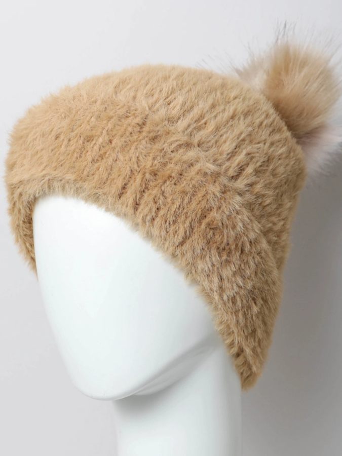 •FAUX MOHAIR FLEECE LINED POM BEANIE•